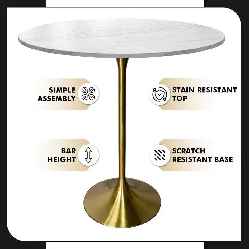 Table de salle à manger ronde de 36 po de hauteur bar avec plateau en pierre frittée et base piédestal en acier inoxydable doré