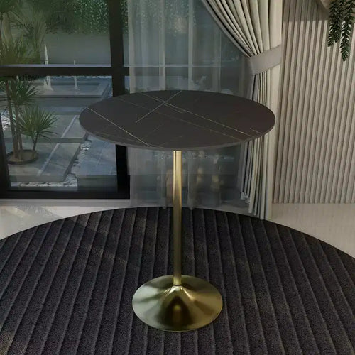Table de salle à manger ronde de 36 po de hauteur bar avec plateau en pierre frittée et base piédestal en acier inoxydable doré