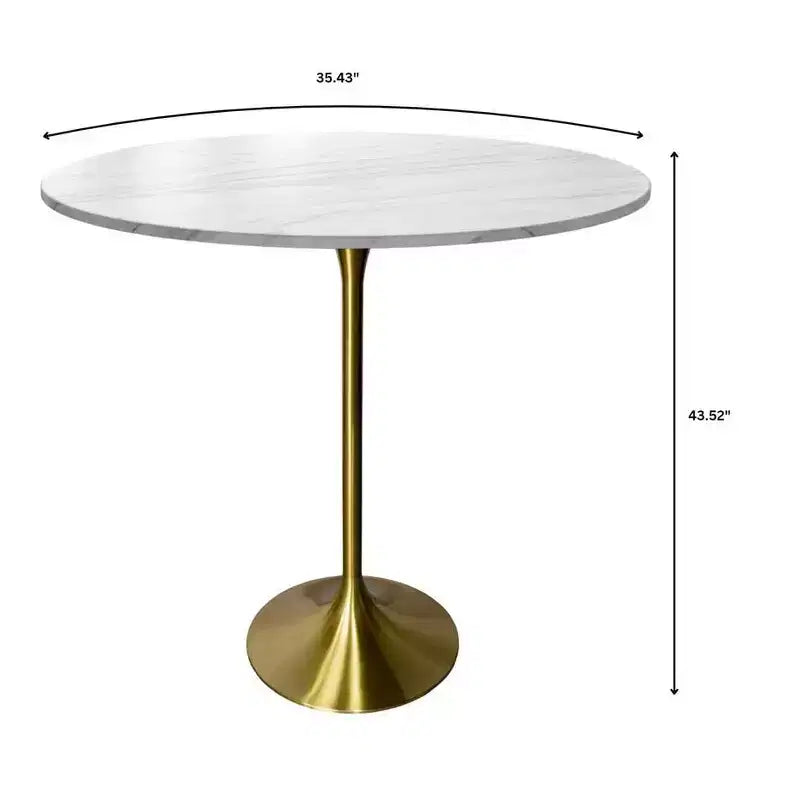 Table de salle à manger ronde de 36 po de hauteur bar avec plateau en pierre frittée et base piédestal en acier inoxydable doré