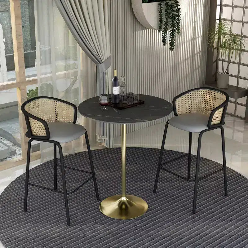 Table de salle à manger ronde de 36 po de hauteur bar avec plateau en pierre frittée et base piédestal en acier inoxydable doré