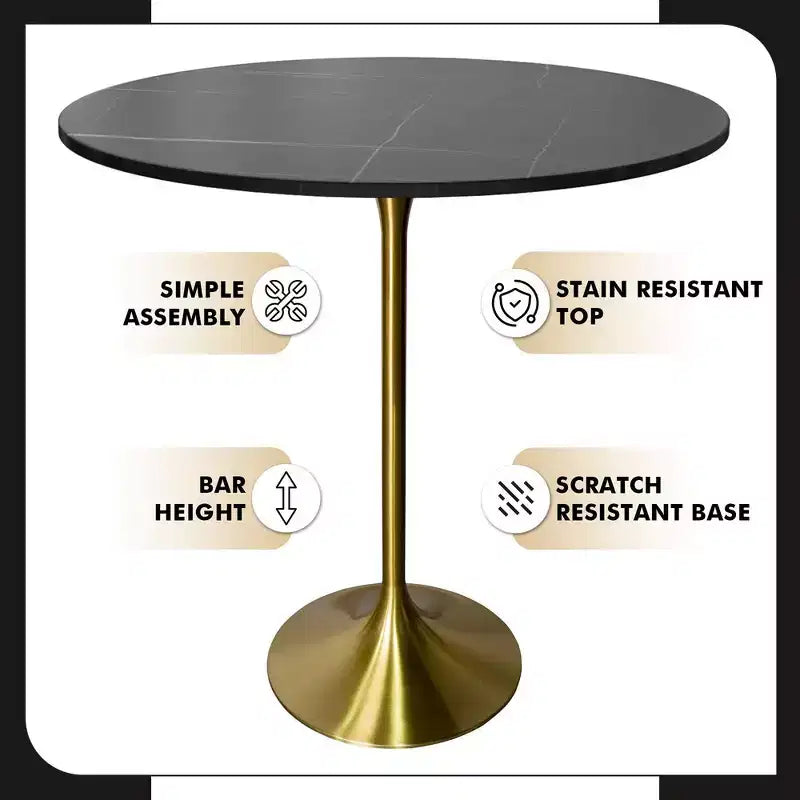 Table de salle à manger ronde de 36 po de hauteur bar avec plateau en pierre frittée et base piédestal en acier inoxydable doré