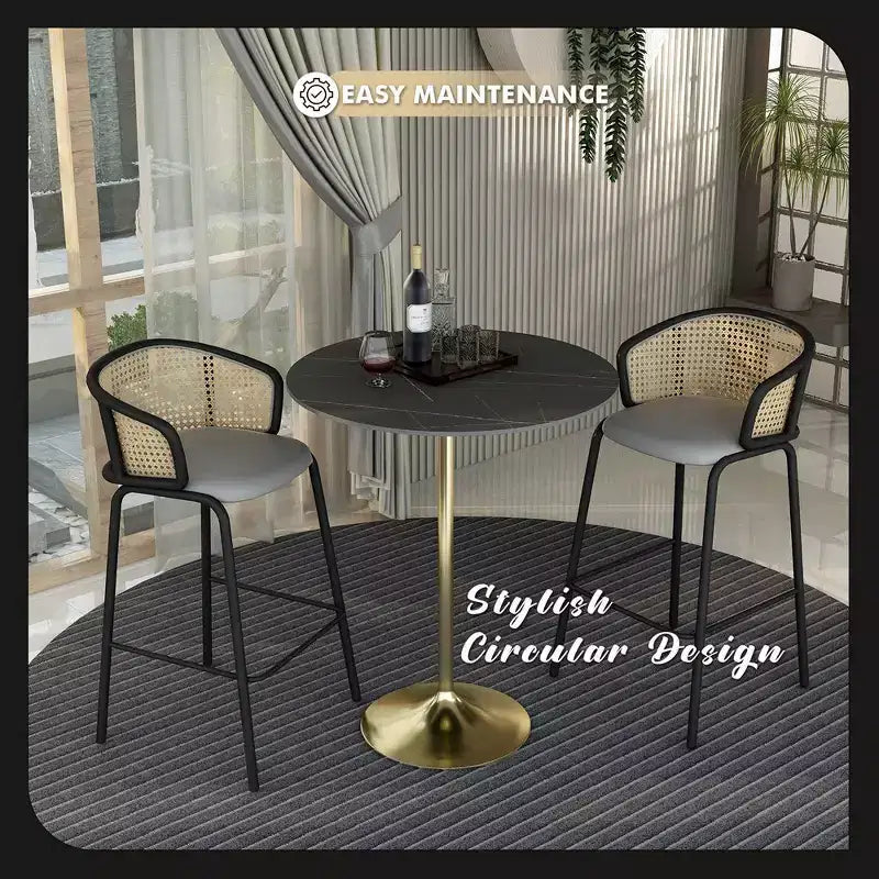 Table de salle à manger ronde de 36 po de hauteur bar avec plateau en pierre frittée et base piédestal en acier inoxydable doré
