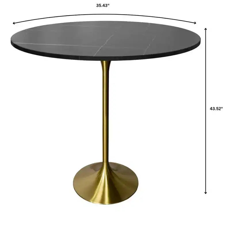 Table de salle à manger ronde de 36 po de hauteur bar avec plateau en pierre frittée et base piédestal en acier inoxydable doré