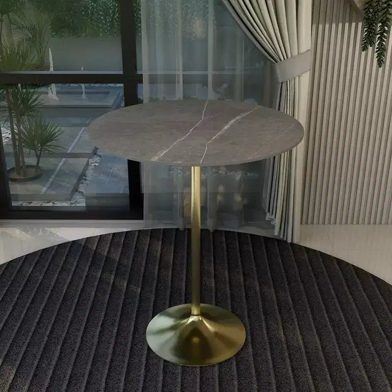 Table de salle à manger ronde de 36 po de hauteur bar avec plateau en pierre frittée et base piédestal en acier inoxydable doré