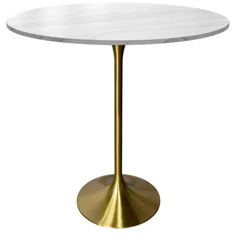 Table de salle à manger ronde de 36 po de hauteur bar avec plateau en pierre frittée et base piédestal en acier inoxydable doré