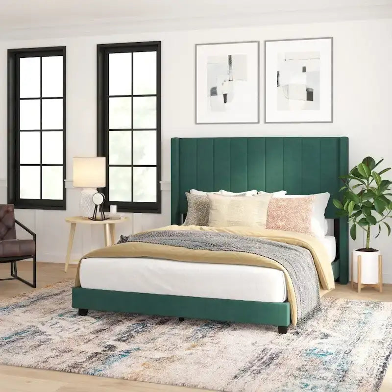 Upholstered Platform Bed with Wingback Headboard