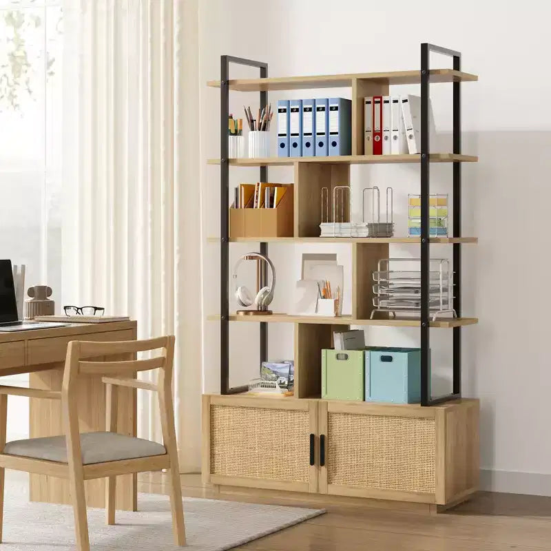 Étagère à livres en rotin à 5 niveaux avec armoire de rangement et porte, bibliothèque industrielle de 180,6 cm de haut, bibliothèque à 5 étagères avec cadre en métal