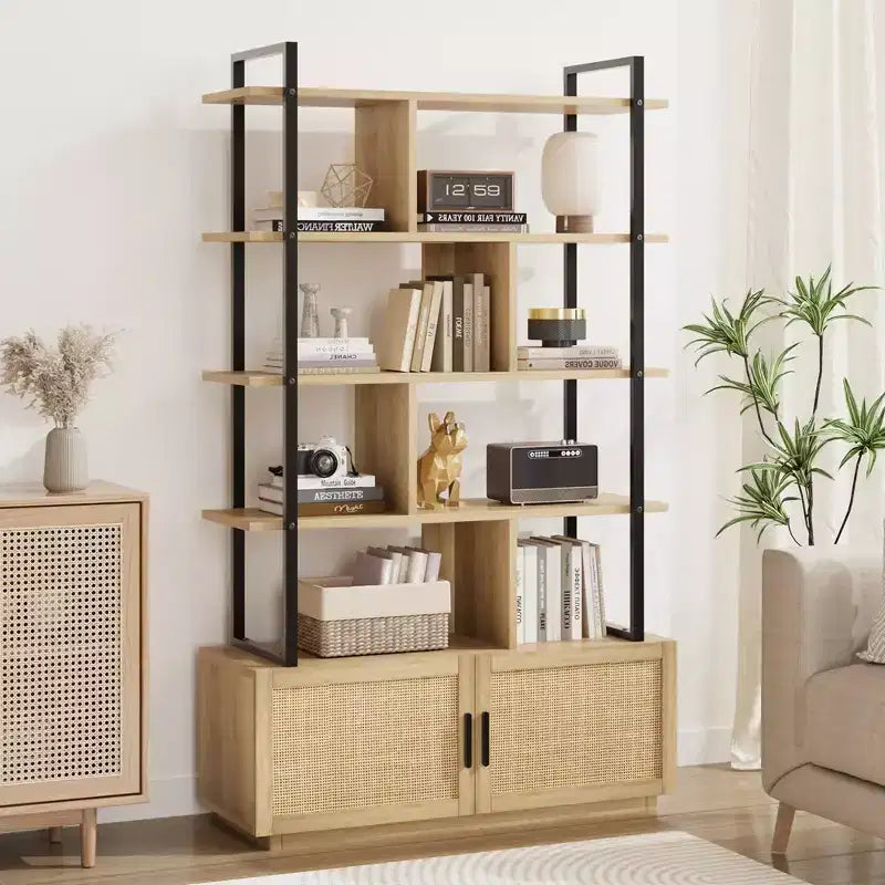 Étagère à livres en rotin à 5 niveaux avec armoire de rangement et porte, bibliothèque industrielle de 180,6 cm de haut, bibliothèque à 5 étagères avec cadre en métal