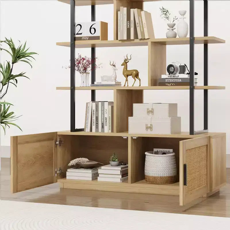 Étagère à livres en rotin à 5 niveaux avec armoire de rangement et porte, bibliothèque industrielle de 180,6 cm de haut, bibliothèque à 5 étagères avec cadre en métal