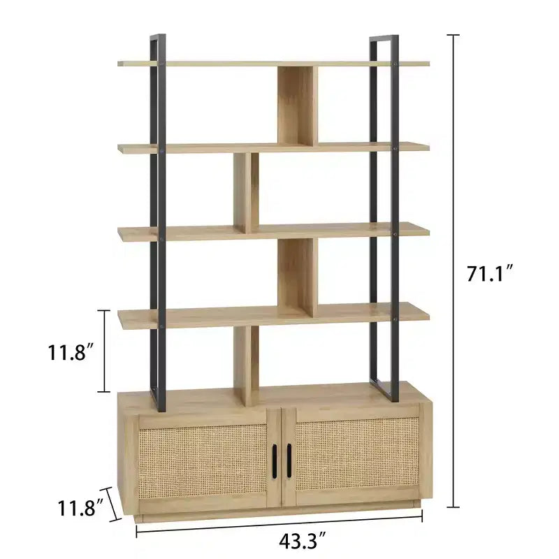 Étagère à livres en rotin à 5 niveaux avec armoire de rangement et porte, bibliothèque industrielle de 180,6 cm de haut, bibliothèque à 5 étagères avec cadre en métal