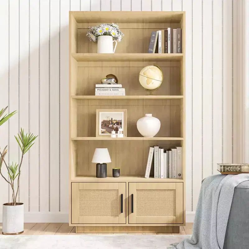 Étagère à livres en rotin à 5 niveaux avec armoire de rangement et porte, bibliothèque industrielle de 180,6 cm de haut, bibliothèque à 5 étagères avec cadre en métal