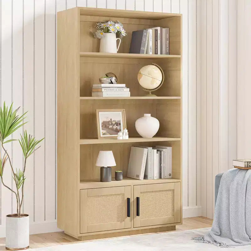 Étagère à livres en rotin à 5 niveaux avec armoire de rangement et porte, bibliothèque industrielle de 180,6 cm de haut, bibliothèque à 5 étagères avec cadre en métal