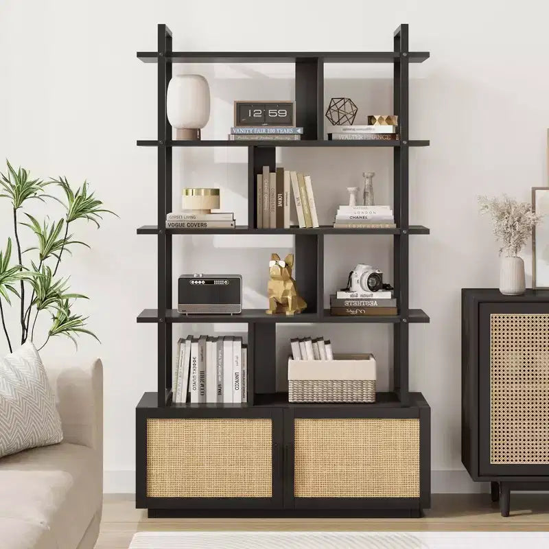 Étagère à livres en rotin à 5 niveaux avec armoire de rangement et porte, bibliothèque industrielle de 180,6 cm de haut, bibliothèque à 5 étagères avec cadre en métal