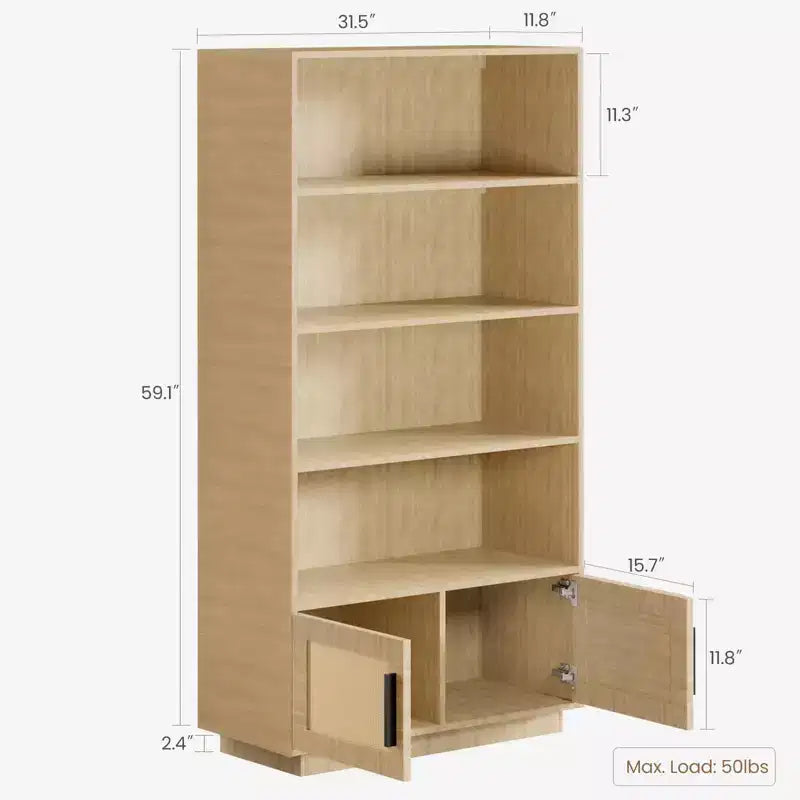 Étagère à livres en rotin à 5 niveaux avec armoire de rangement et porte, bibliothèque industrielle de 180,6 cm de haut, bibliothèque à 5 étagères avec cadre en métal