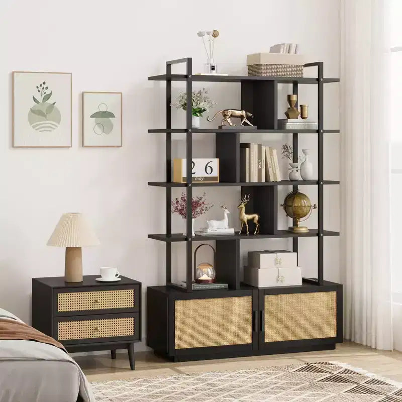 Étagère à livres en rotin à 5 niveaux avec armoire de rangement et porte, bibliothèque industrielle de 180,6 cm de haut, bibliothèque à 5 étagères avec cadre en métal