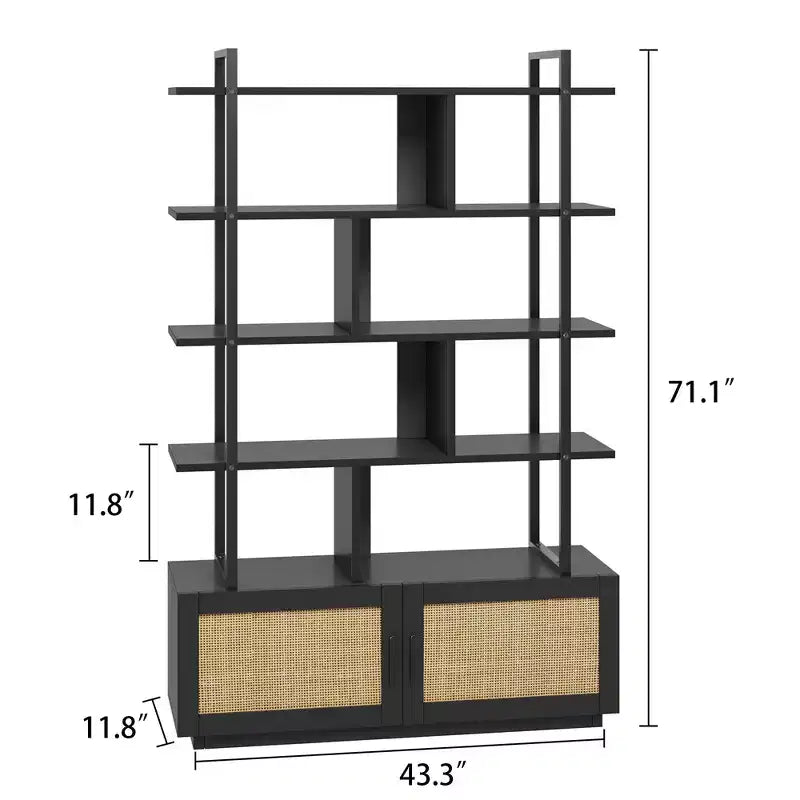 Étagère à livres en rotin à 5 niveaux avec armoire de rangement et porte, bibliothèque industrielle de 180,6 cm de haut, bibliothèque à 5 étagères avec cadre en métal
