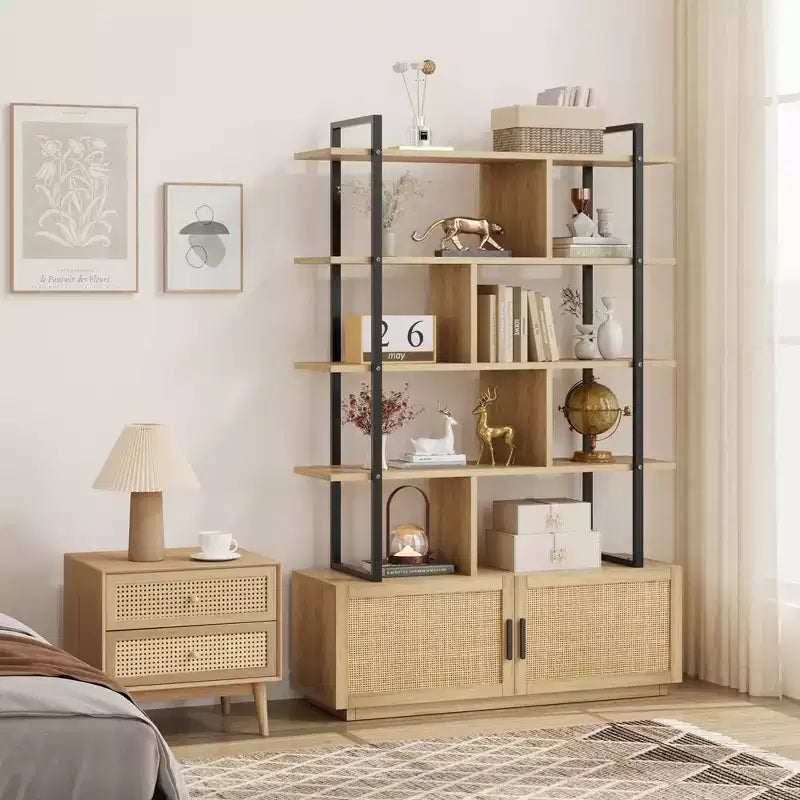 Étagère à livres en rotin à 5 niveaux avec armoire de rangement et porte, bibliothèque industrielle de 180,6 cm de haut, bibliothèque à 5 étagères avec cadre en métal