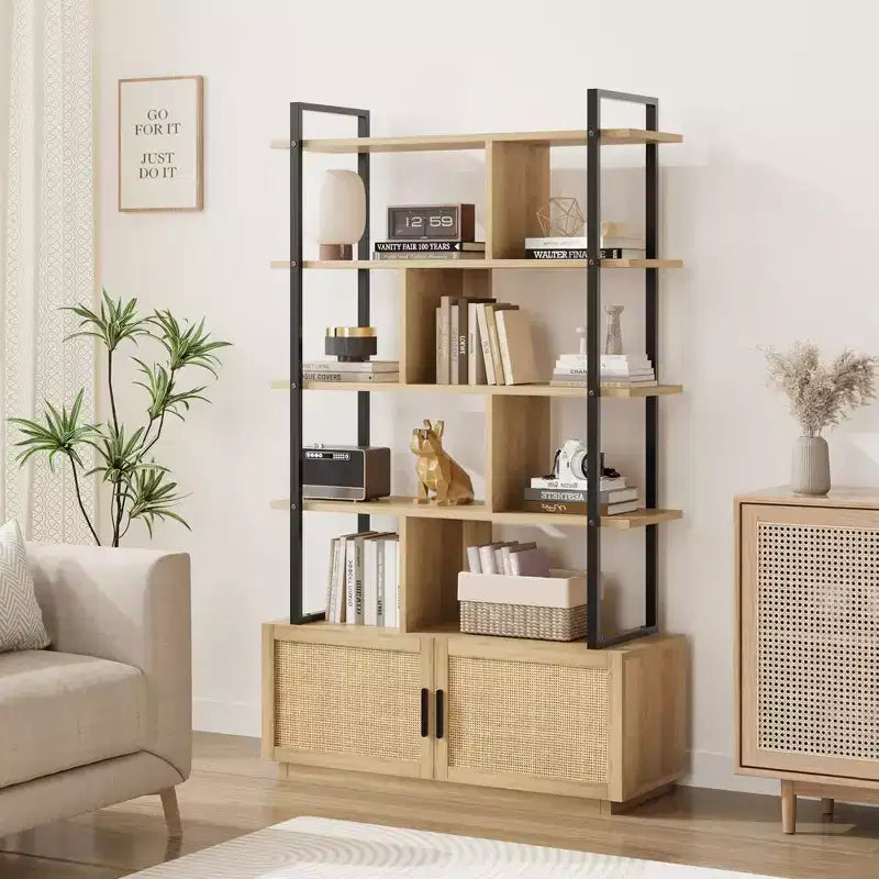 Étagère à livres en rotin à 5 niveaux avec armoire de rangement et porte, bibliothèque industrielle de 180,6 cm de haut, bibliothèque à 5 étagères avec cadre en métal