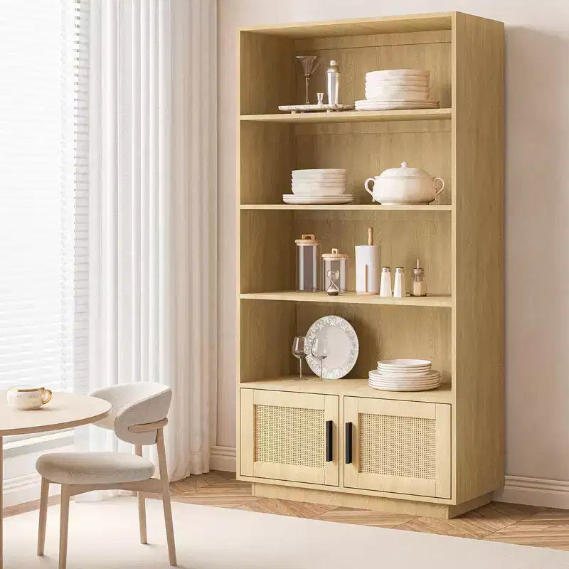 Étagère à livres en rotin à 5 niveaux avec armoire de rangement et porte, bibliothèque industrielle de 180,6 cm de haut, bibliothèque à 5 étagères avec cadre en métal