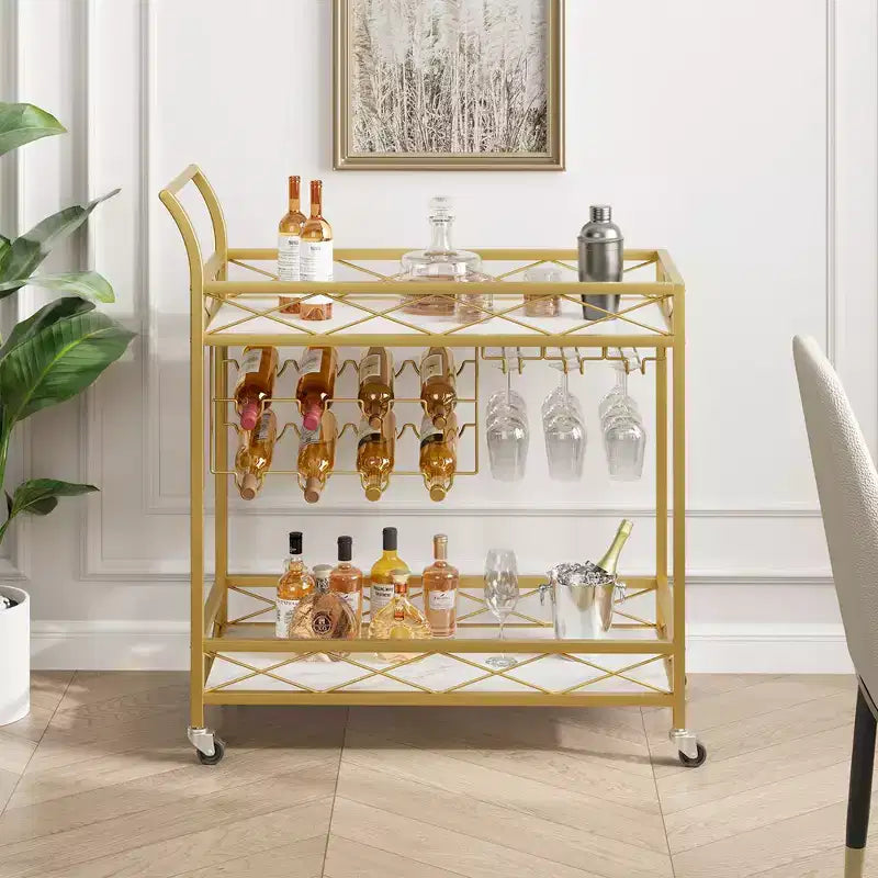 Chariots de bar dorés avec étagères de rangement à 2 niveaux, chariots de service de cuisine mobiles à roulettes avec porte-bouteilles et porte-verres pour la cuisine, le salon