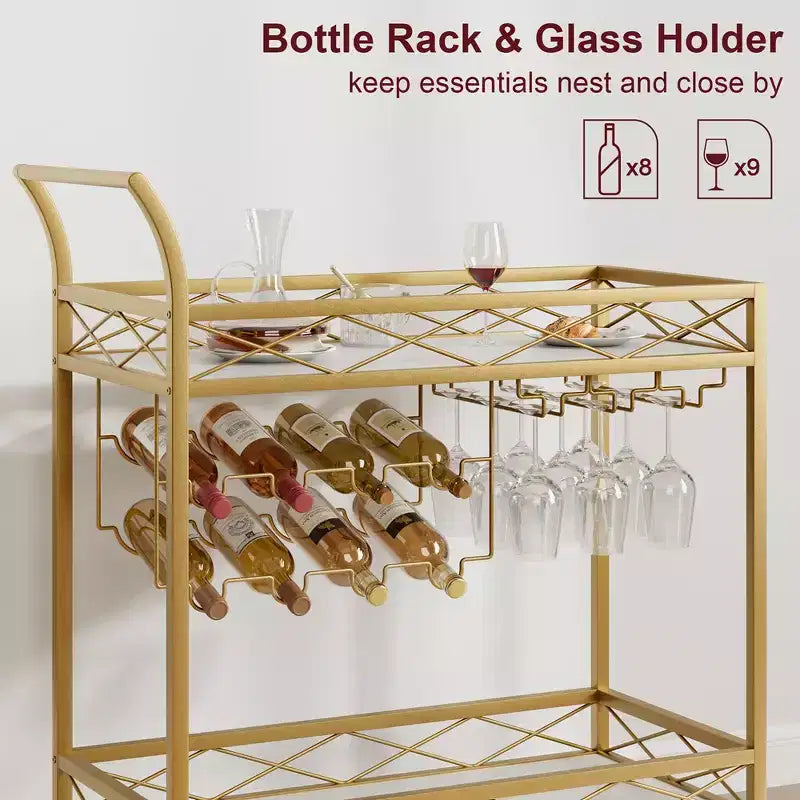 Chariots de bar dorés avec étagères de rangement à 2 niveaux, chariots de service de cuisine mobiles à roulettes avec porte-bouteilles et porte-verres pour la cuisine, le salon