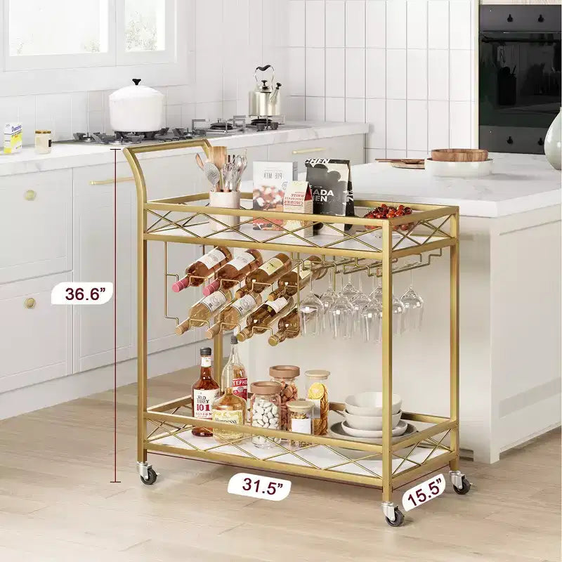 Chariots de bar dorés avec étagères de rangement à 2 niveaux, chariots de service de cuisine mobiles à roulettes avec porte-bouteilles et porte-verres pour la cuisine, le salon