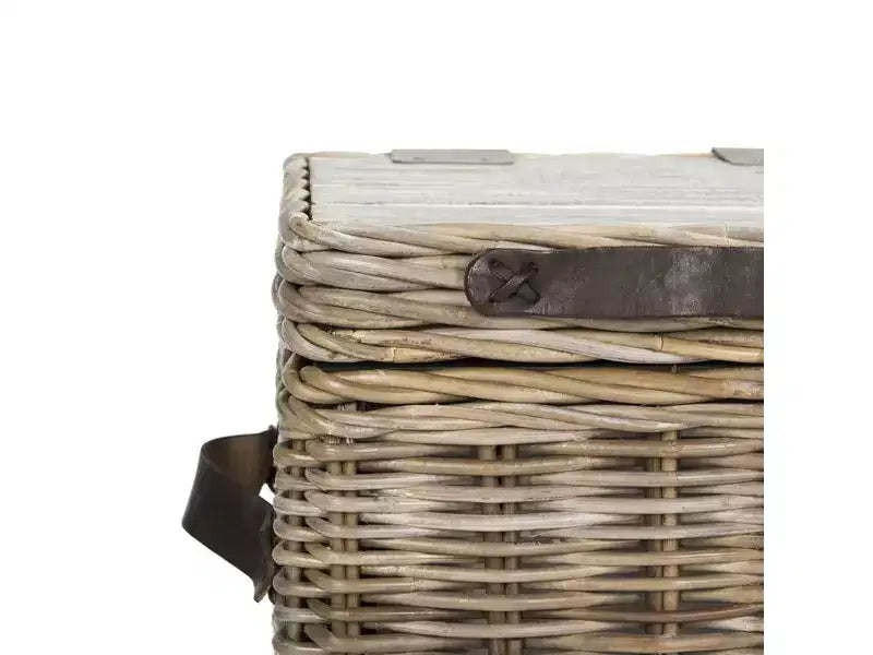 Malle de rangement carrée en rotin, finition blanc délavé