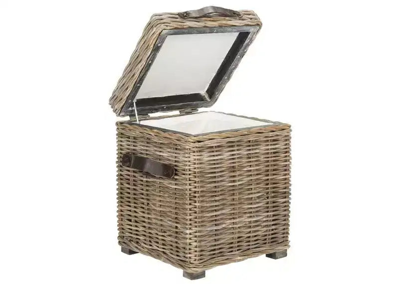 Malle de rangement carrée en rotin, finition blanc délavé