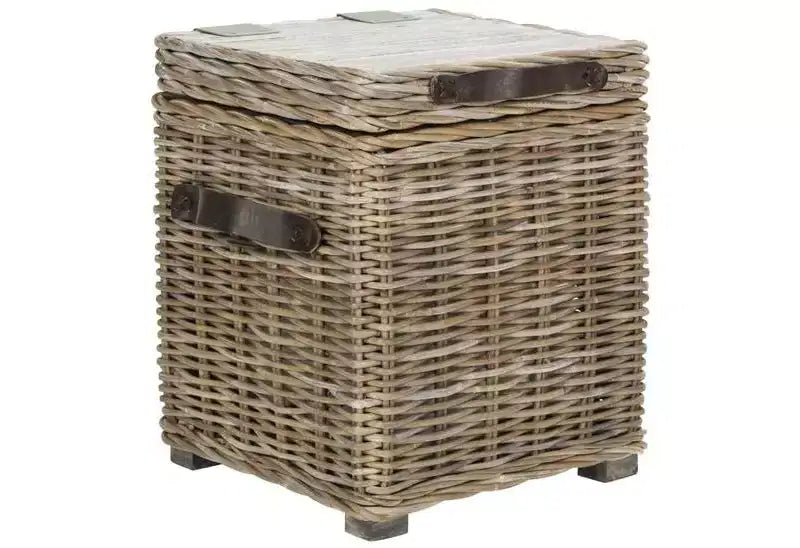 Malle de rangement carrée en rotin, finition blanc délavé