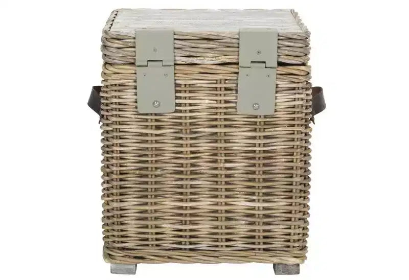 Malle de rangement carrée en rotin, finition blanc délavé