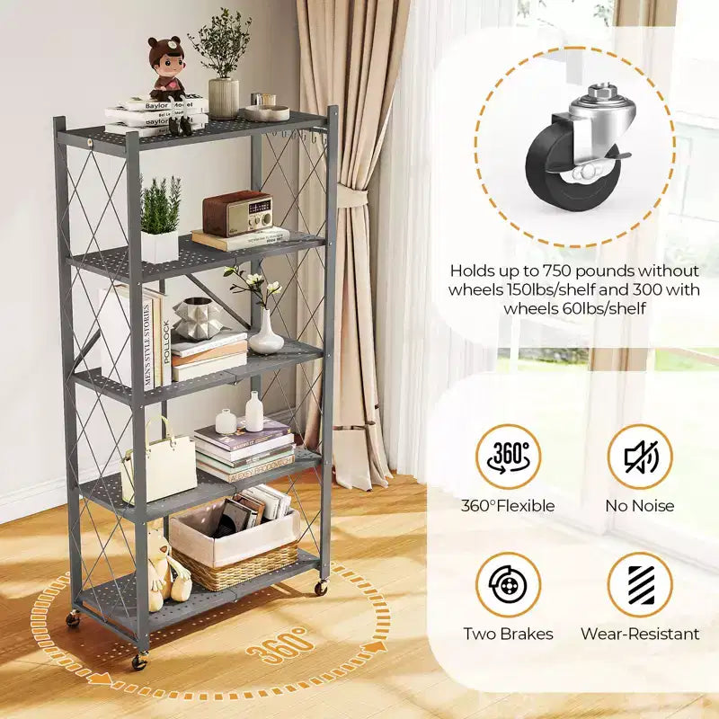 Étagère de rangement métallique pliable à 5 niveaux, organisateur sur roulettes pour garage, cuisine, garde-manger, 160 cm