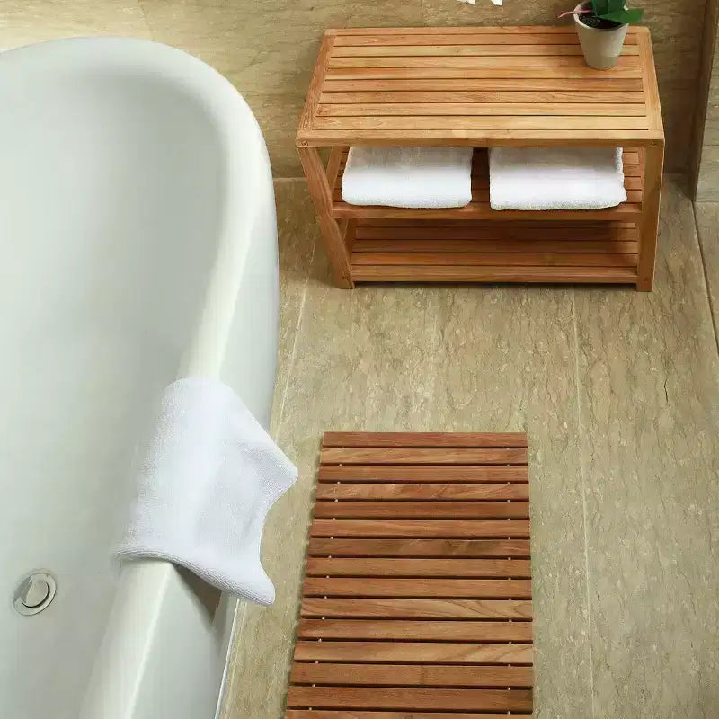 Banc de douche et de rangement pour spa/salle de bain/extérieur en teck naturel 28 ou 40 avec étagères – Beige