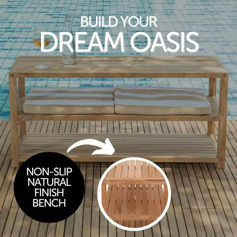 Banc de douche et de rangement pour spa/salle de bain/extérieur en teck naturel 28 ou 40 avec étagères – Beige