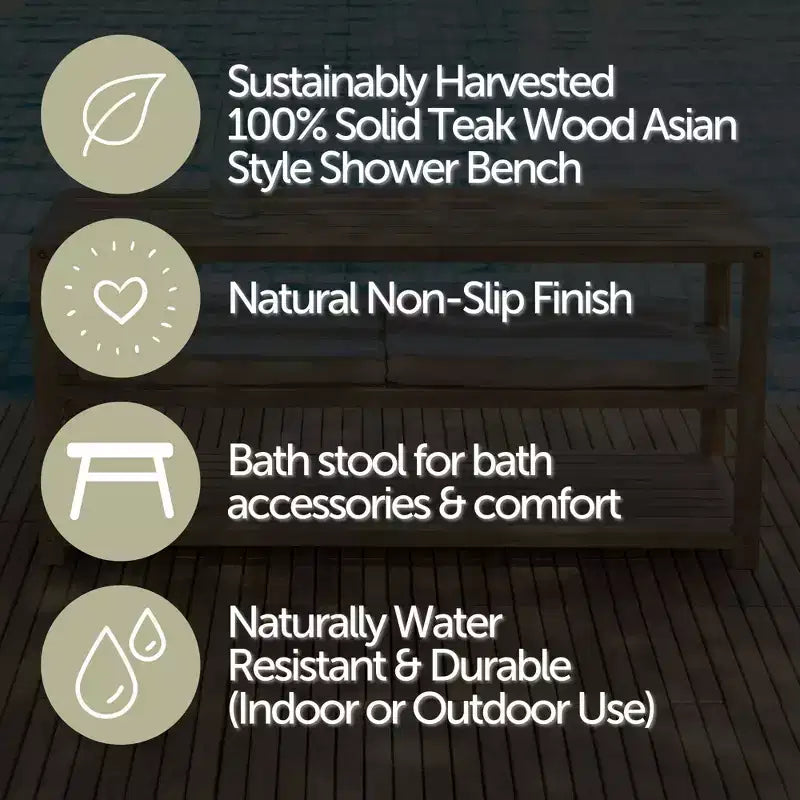 Banc de douche et de rangement pour spa/salle de bain/extérieur en teck naturel 28 ou 40 avec étagères – Beige
