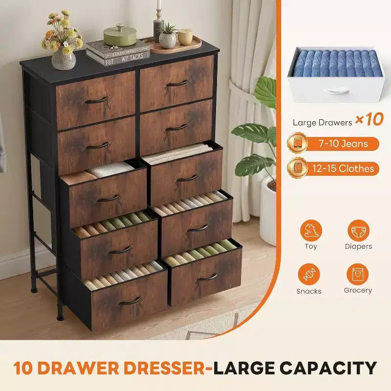 Commode verticale à 10 tiroirs - Commode de rangement en tissu rustique de 80 cm de large pour chambre à coucher/chambre d'enfant, cadre en acier