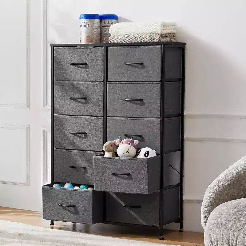 Commode verticale à 10 tiroirs - Commode de rangement en tissu rustique de 80 cm de large pour chambre à coucher/chambre d'enfant, cadre en acier