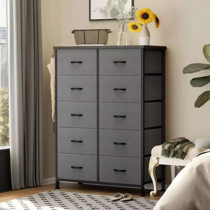 Commode verticale à 10 tiroirs - Commode de rangement en tissu rustique de 80 cm de large pour chambre à coucher/chambre d'enfant, cadre en acier