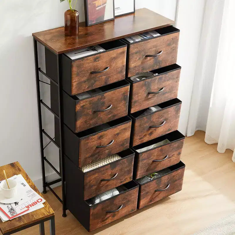Commode verticale à 10 tiroirs - Commode de rangement en tissu rustique de 80 cm de large pour chambre à coucher/chambre d'enfant, cadre en acier