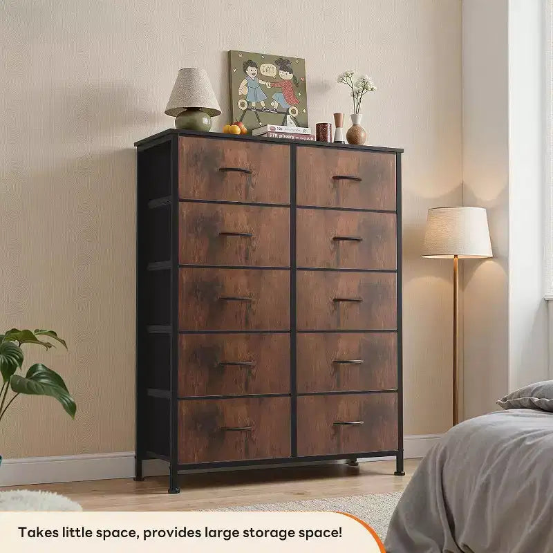 Commode verticale à 10 tiroirs - Commode de rangement en tissu rustique de 80 cm de large pour chambre à coucher/chambre d'enfant, cadre en acier
