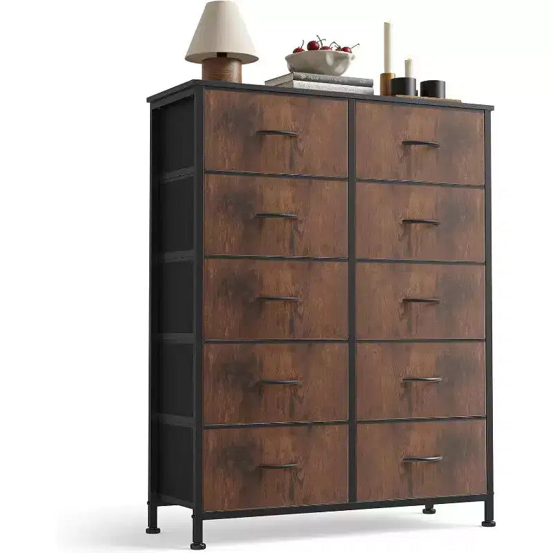 Commode verticale à 10 tiroirs - Commode de rangement en tissu rustique de 80 cm de large pour chambre à coucher/chambre d'enfant, cadre en acier