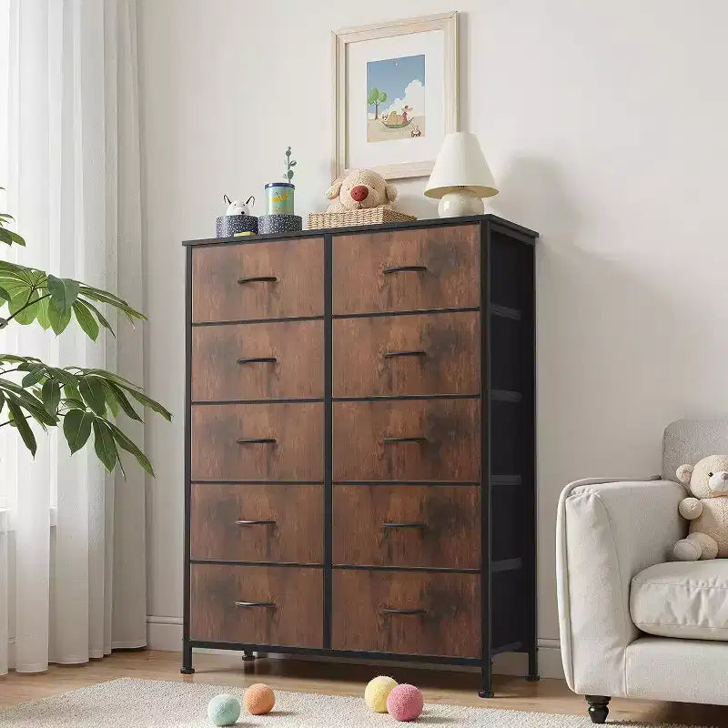 Commode verticale à 10 tiroirs - Commode de rangement en tissu rustique de 80 cm de large pour chambre à coucher/chambre d'enfant, cadre en acier