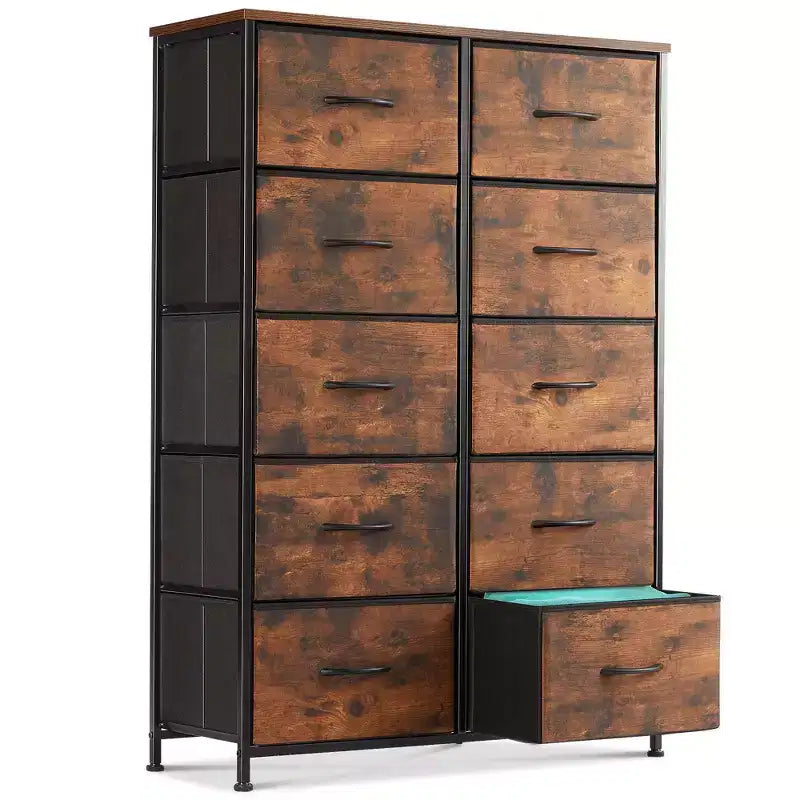 Commode verticale à 10 tiroirs - Commode de rangement en tissu rustique de 80 cm de large pour chambre à coucher/chambre d'enfant, cadre en acier