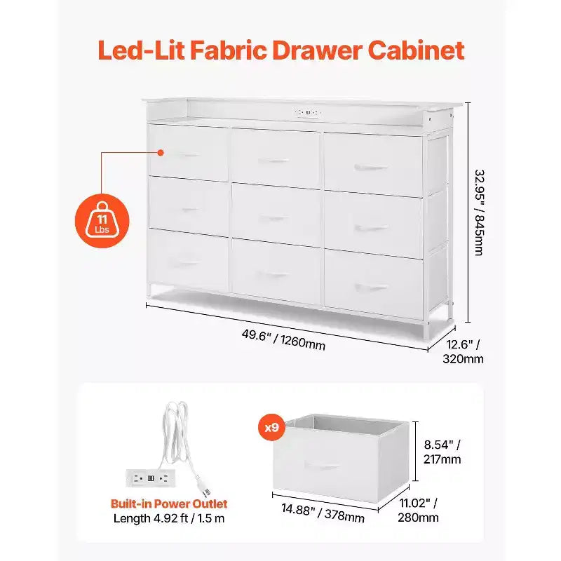 Commode en tissu à 9 tiroirs avec lumières DEL, prise intégrée et cadre métallique, tour de rangement haute blanche
