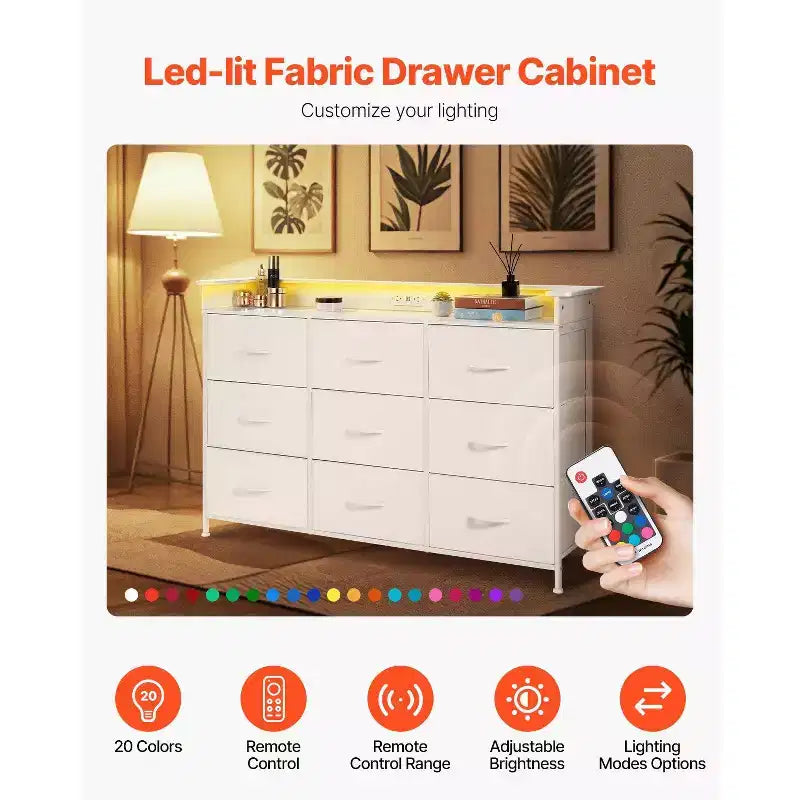Commode en tissu à 9 tiroirs avec lumières DEL, prise intégrée et cadre métallique, tour de rangement haute blanche