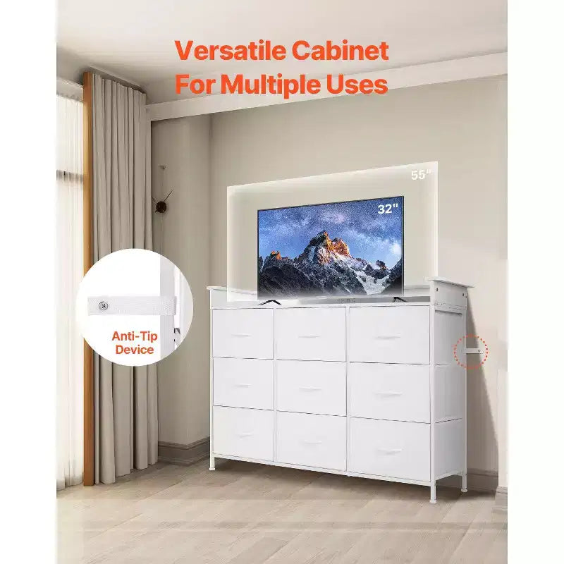 Commode en tissu à 9 tiroirs avec lumières DEL, prise intégrée et cadre métallique, tour de rangement haute blanche