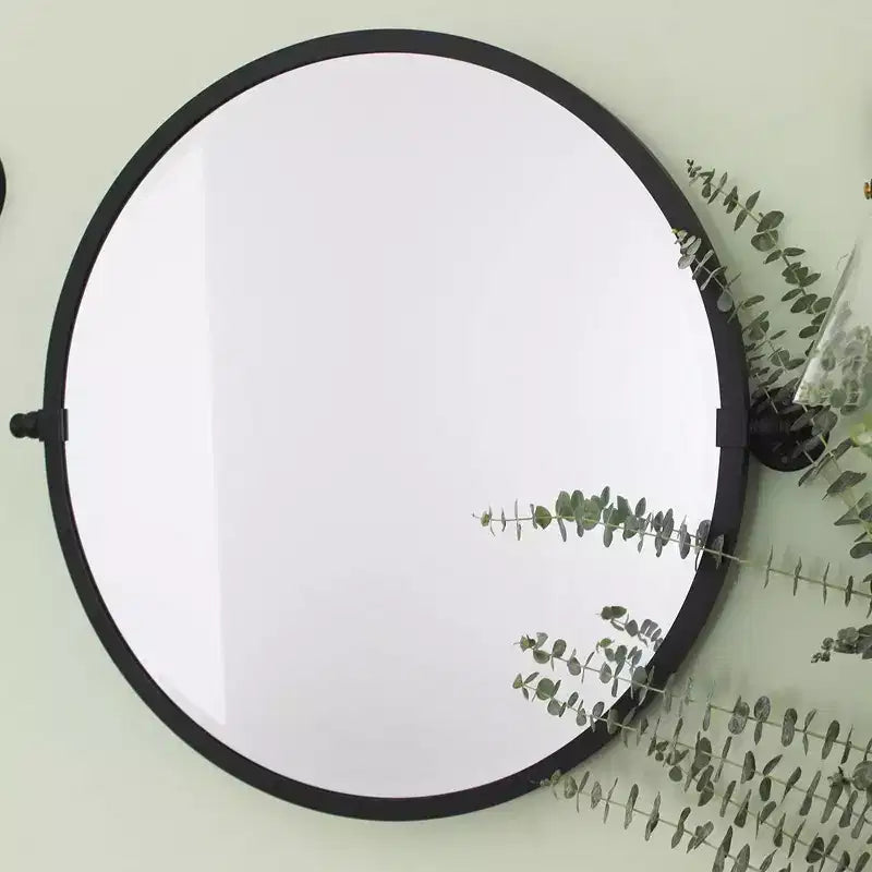 Miroir mural biseauté rond inclinable à cadre en métal noir mat, dimensions totales 30,05 x 26 pouces (miroir 26 x 26 pouces)
