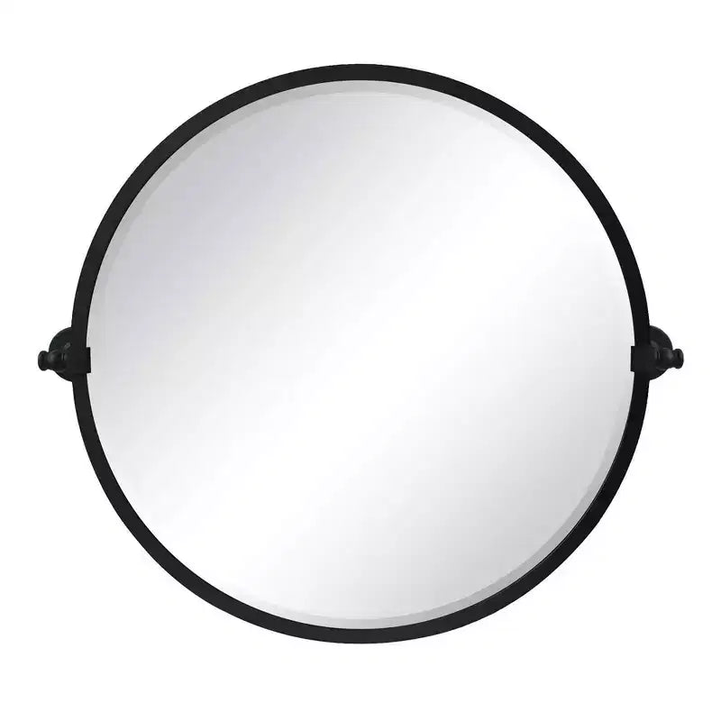Miroir mural biseauté rond inclinable à cadre en métal noir mat, dimensions totales 30,05 x 26 pouces (miroir 26 x 26 pouces)