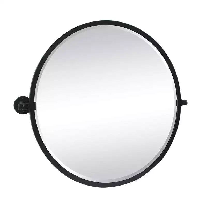 Miroir mural biseauté rond inclinable à cadre en métal noir mat, dimensions totales 30,05 x 26 pouces (miroir 26 x 26 pouces)