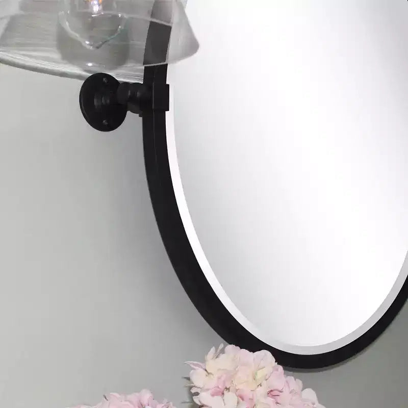 Miroir mural biseauté rond inclinable à cadre en métal noir mat, dimensions totales 30,05 x 26 pouces (miroir 26 x 26 pouces)