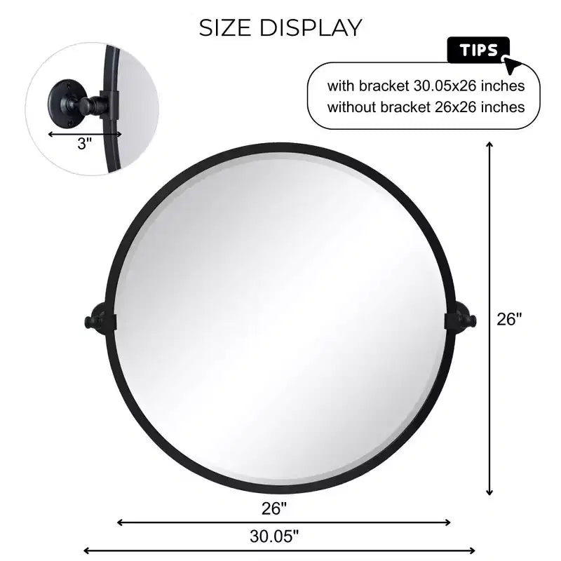 Miroir mural biseauté rond inclinable à cadre en métal noir mat, dimensions totales 30,05 x 26 pouces (miroir 26 x 26 pouces)